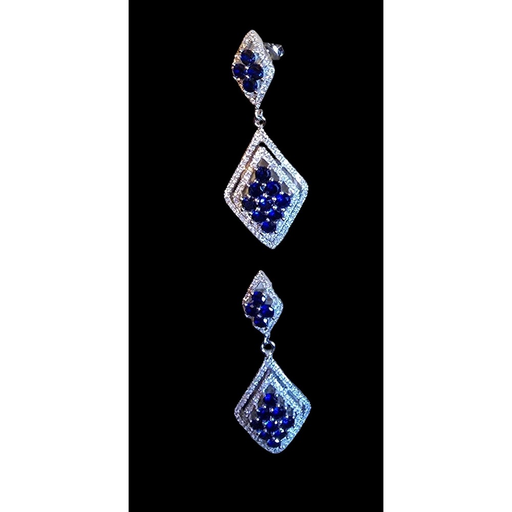 Blue Crystal Geometric Drop Earrings Silver Tone Diamond Shape Formal Jewelry